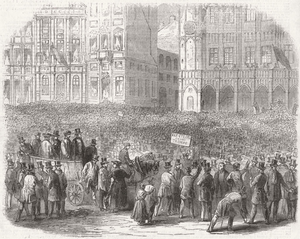 BELGIUM. Belgian Elections. hotel De Ville, Brussels 1857 old antique print